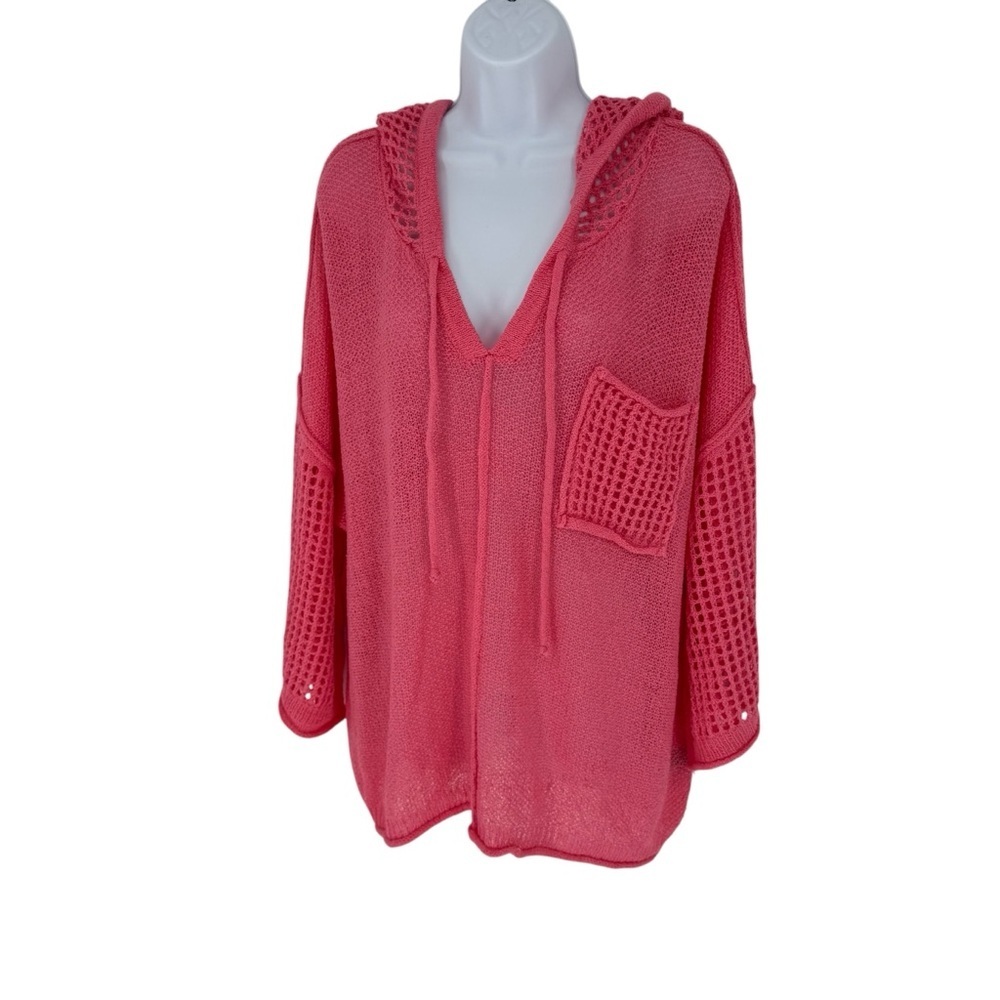 POL Crochet Knit Pink Coral Boho Barbiecore V-Neck Oversized Top Hoodie Small